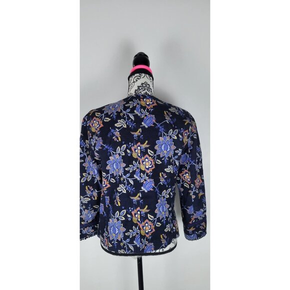 LOFT Womens Blazer Navy floral cotton blend  Size 10 Eyelet Crochet Trim Open - Picture 8 of 14